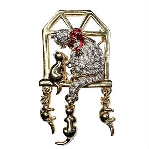 Vintage Gold Plated Cat Brooch with Kitten Charms and Crystals